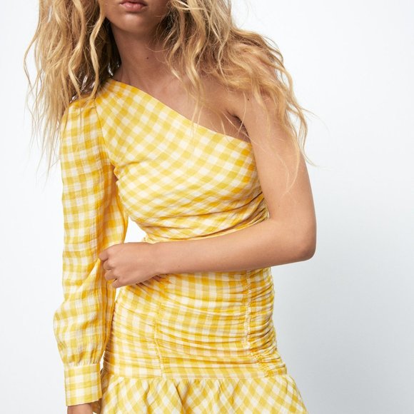 NWT - Zara Yellow Asymmetrical Gingham Cropped Top - Picture 3 of 5